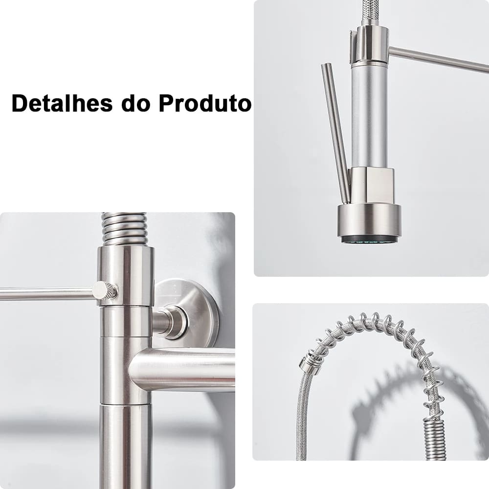 Torneira De Parede Para Cozinha Misturador Pull Out Com Rotação 360° Níquel Escovado