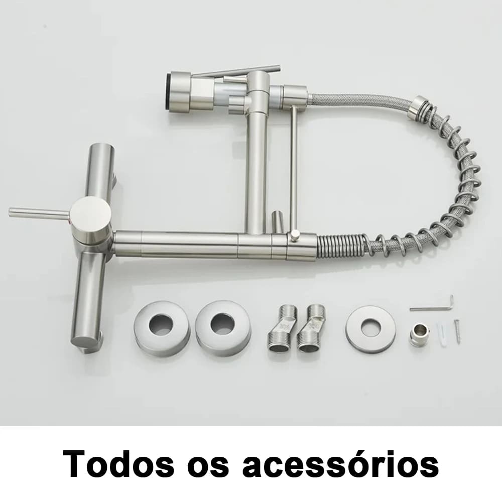 Torneira De Parede Para Cozinha Misturador Pull Out Com Rotação 360° Níquel Escovado