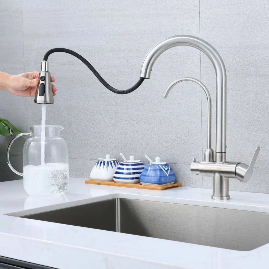 Torneira Para Cozinha Gourmet Monocomando Dupla Função Filtro Jato Extensível Aço Escovado