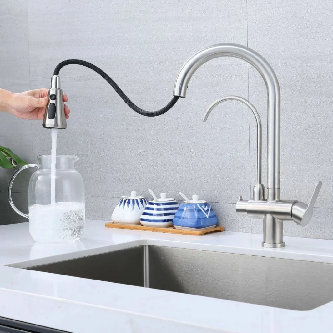 Torneira Para Cozinha Gourmet Monocomando Dupla Função Filtro Jato Extensível Aço Escovado