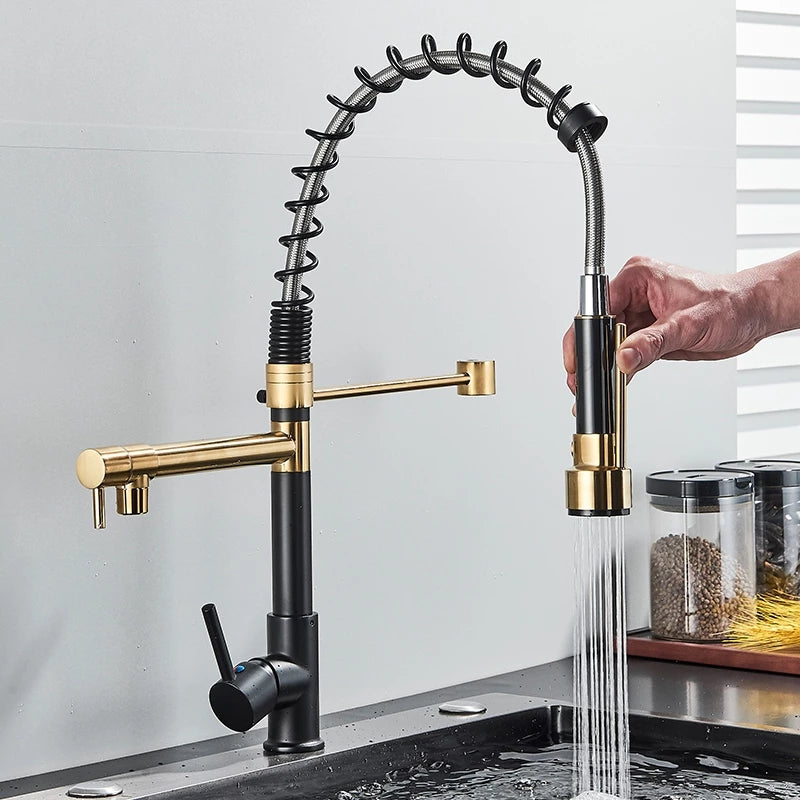 Torneira Gourmet Cozinha com Extensor Preto com Dourado Quente e Fria