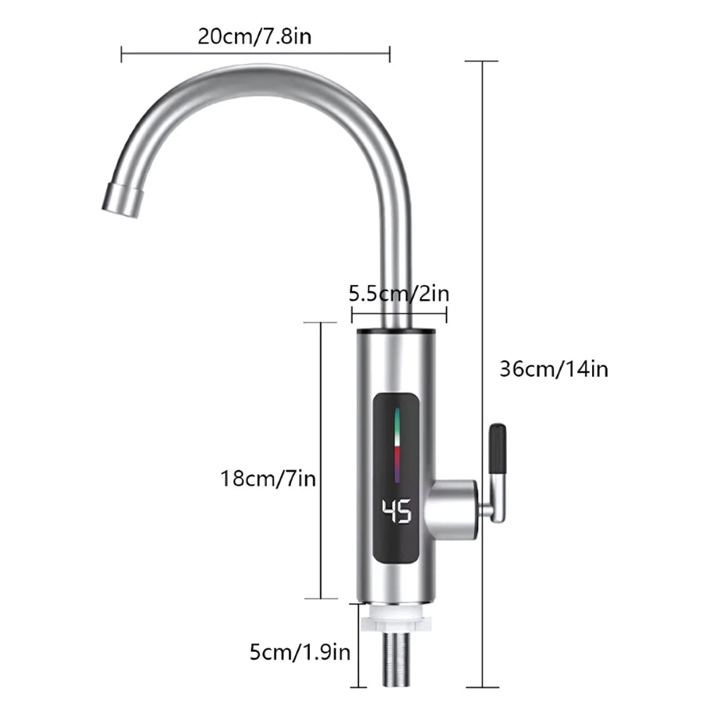 Torneira Elétrica Para Cozinha e Banheiro Com Visor de Temperatura Regulagem e Giratória 360° Aço Inoxidável