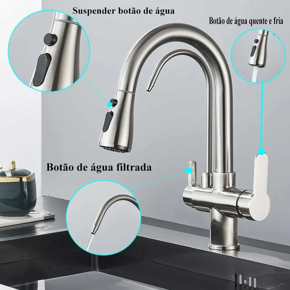 Torneira Para Cozinha Gourmet Monocomando Dupla Função Filtro Jato Extensível Aço Escovado