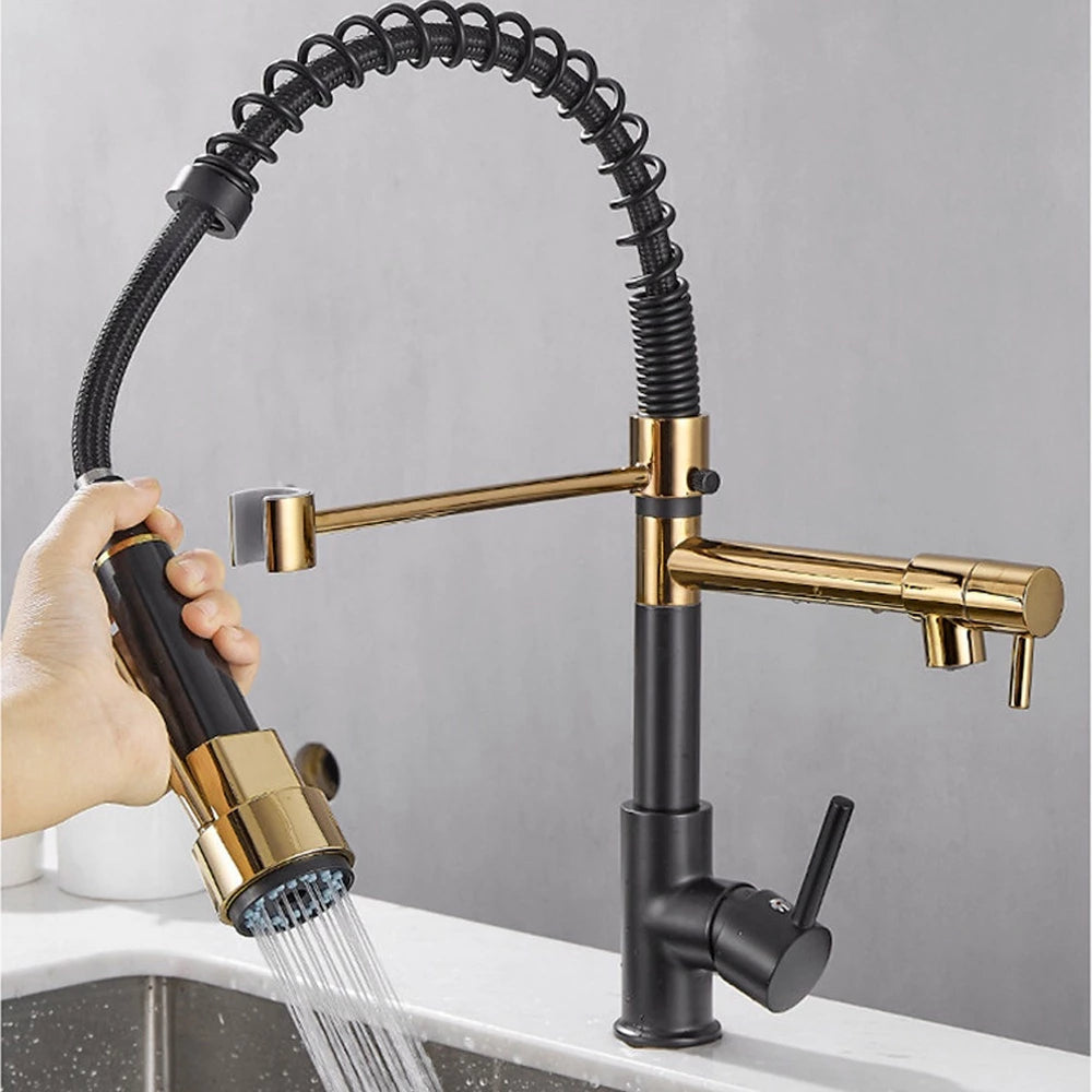 Torneira Gourmet Cozinha com Extensor Preto com Dourado Quente e Fria