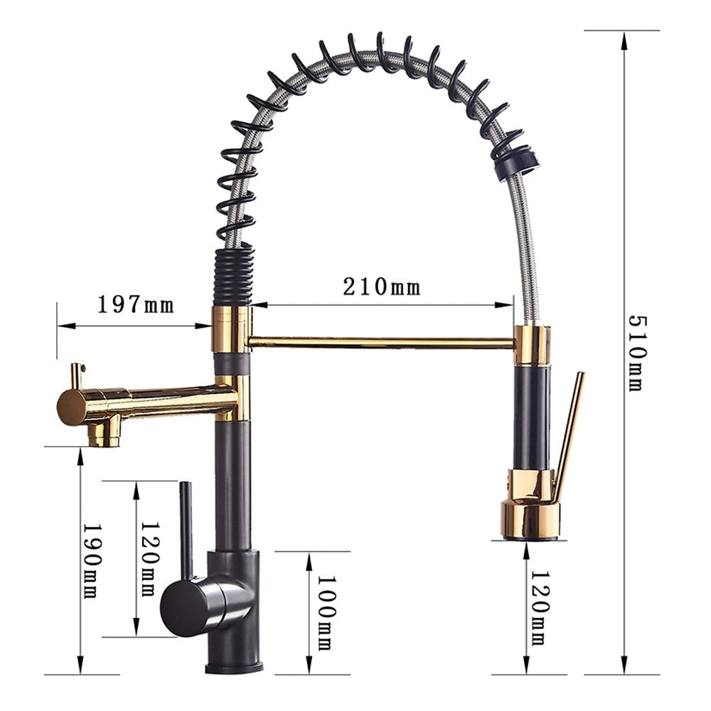 Torneira Gourmet Cozinha com Extensor Preto com Dourado Quente e Fria