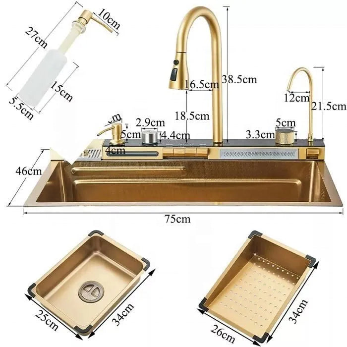 Kit Cuba Cozinha Cascata Gourmet Aço Inox com Torneira Flexível Ouro Escovado