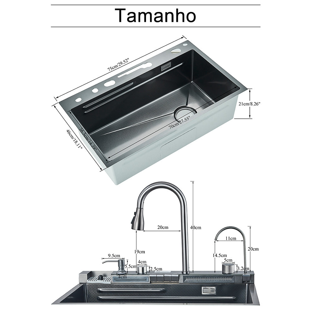Kit Cuba Cozinha Cascata Gourmet Aço Inox com Torneira Flexível Cinza Preto