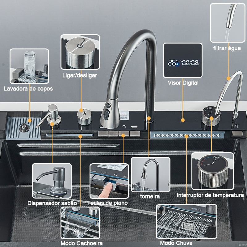 Kit Cuba Cozinha Cascata Gourmet Aço Inox com Torneira Flexível Cinza Preto