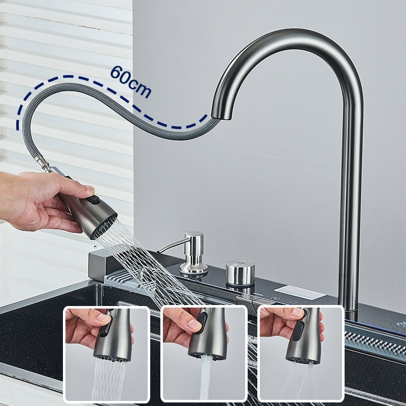 Kit Cuba Cozinha Cascata Gourmet Aço Inox com Torneira Flexível Cinza Preto