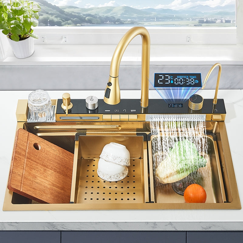 Kit Cuba Cozinha Cascata Gourmet Aço Inox com Torneira Flexível Ouro Escovado