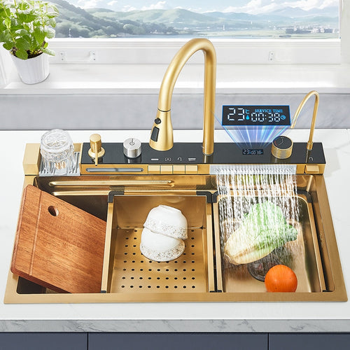 Kit Cuba Cozinha Cascata Gourmet Aço Inox com Torneira Flexível Ouro Escovado