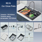 Kit Cuba Cozinha Cascata Gourmet Aço Inox com Torneira Flexível Cinza Preto