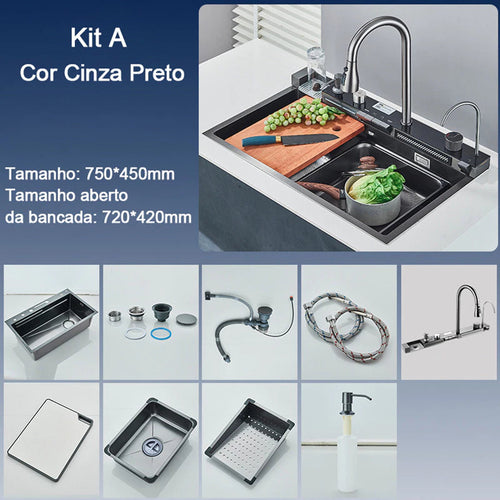 Kit Cuba Cozinha Cascata Gourmet Aço Inox com Torneira Flexível Cinza Preto