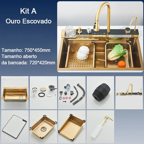 Kit Cuba Cozinha Cascata Gourmet Aço Inox com Torneira Flexível Ouro Escovado