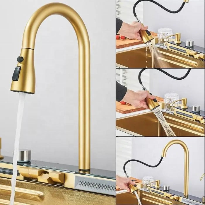 Kit Cuba Cozinha Cascata Gourmet Aço Inox com Torneira Flexível Ouro Escovado
