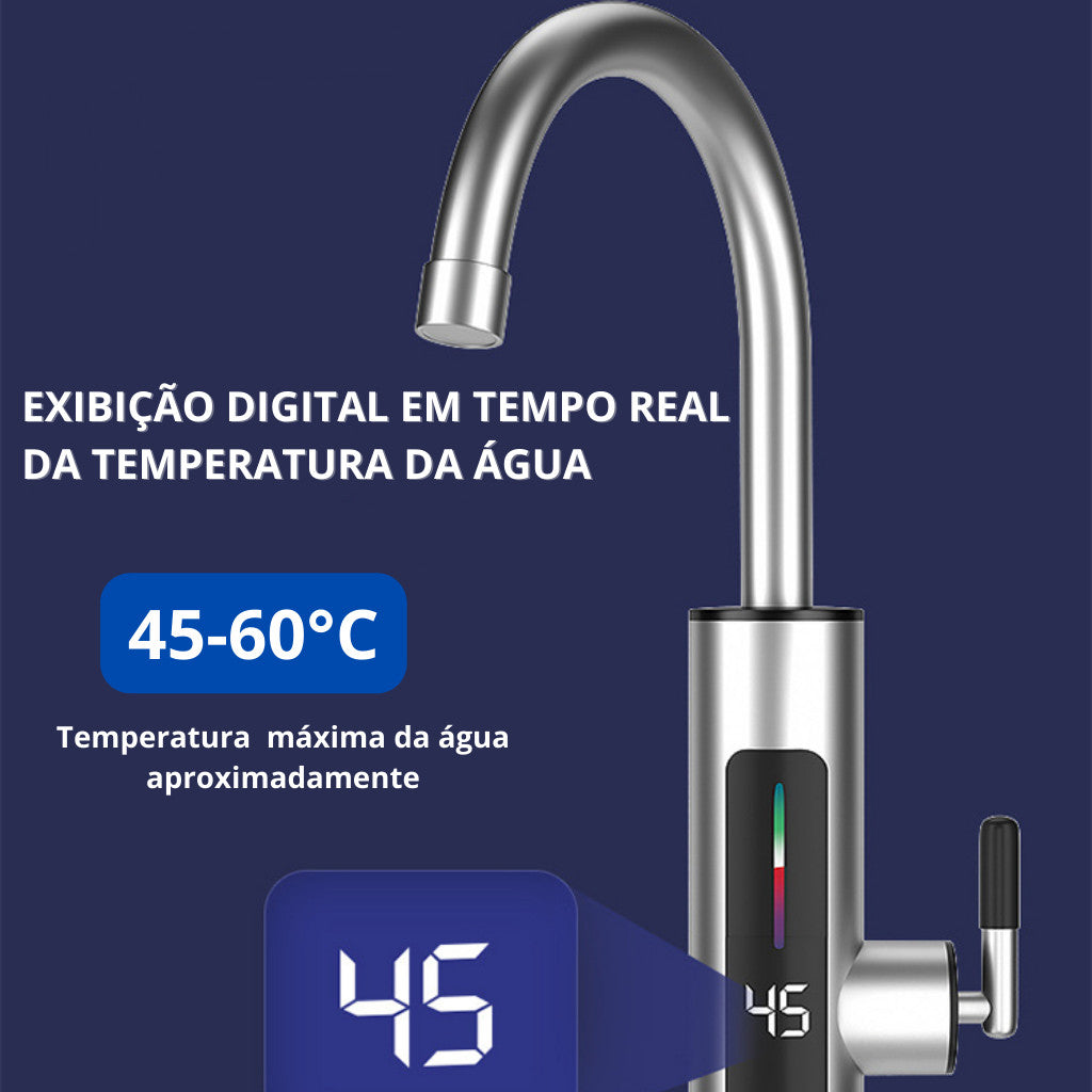 Torneira Elétrica Para Cozinha e Banheiro Com Visor de Temperatura Regulagem e Giratória 360° Aço Inoxidável