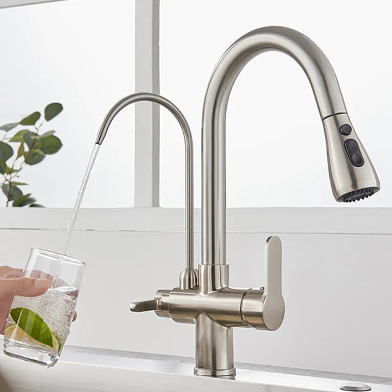 Torneira Para Cozinha Gourmet Monocomando Dupla Função Filtro Jato Extensível Aço Escovado