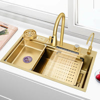 Cuba Pia Dourada Cozinha Gourmet Quadrada 75x45cm Aço Inoxidável 304 Com Acessórios Completos
