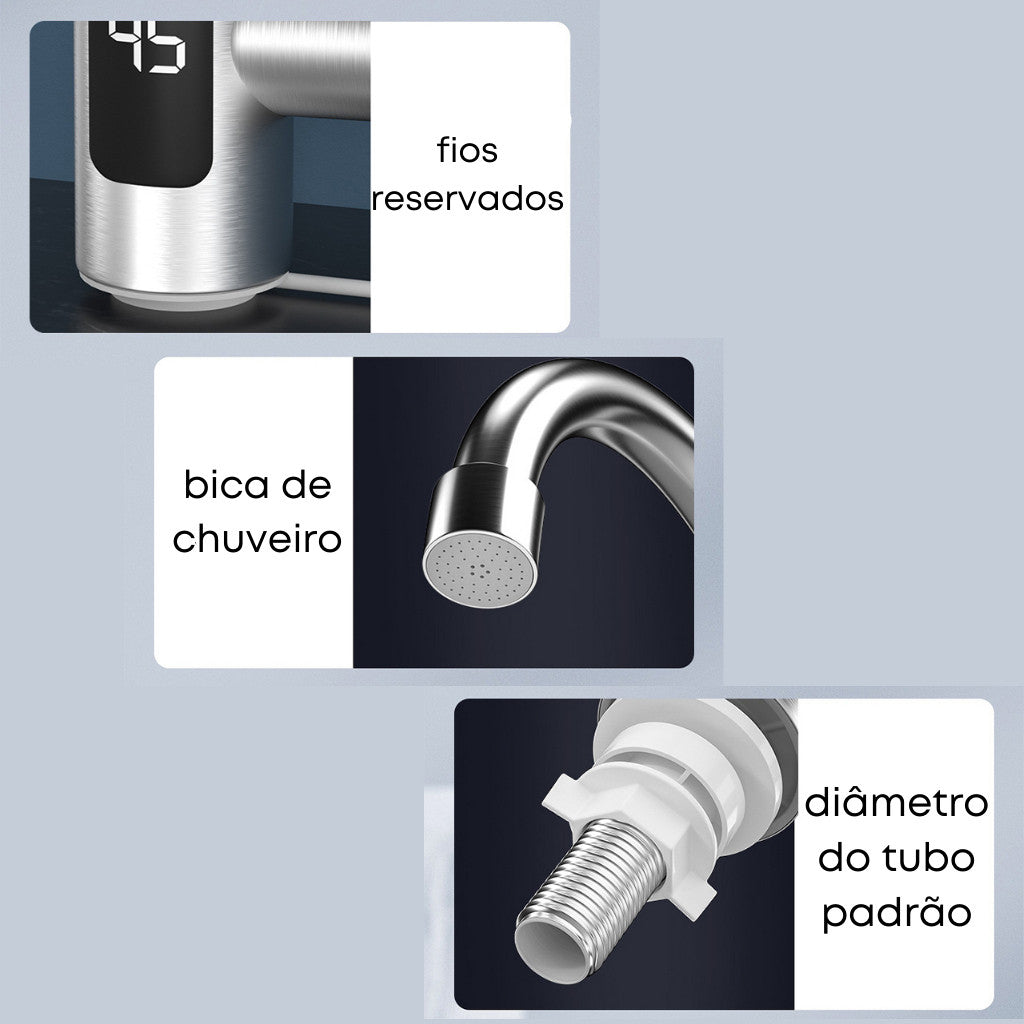 Torneira Elétrica Para Cozinha e Banheiro Com Visor de Temperatura Regulagem e Giratória 360° Aço Inoxidável