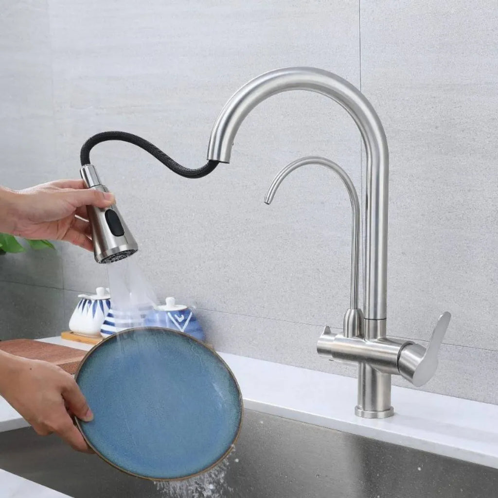 Torneira Para Cozinha Gourmet Monocomando Dupla Função Filtro Jato Extensível Aço Escovado