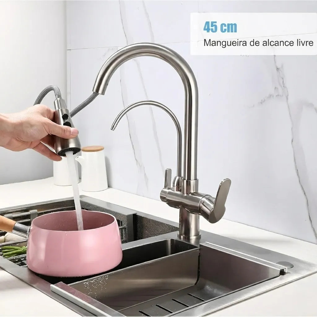 Torneira Para Cozinha Gourmet Monocomando Dupla Função Filtro Jato Extensível Aço Escovado