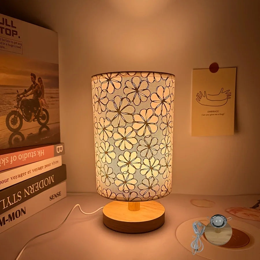 Luminária de Mesa Fleurie Base de Madeira Abajur Floral Aquavera