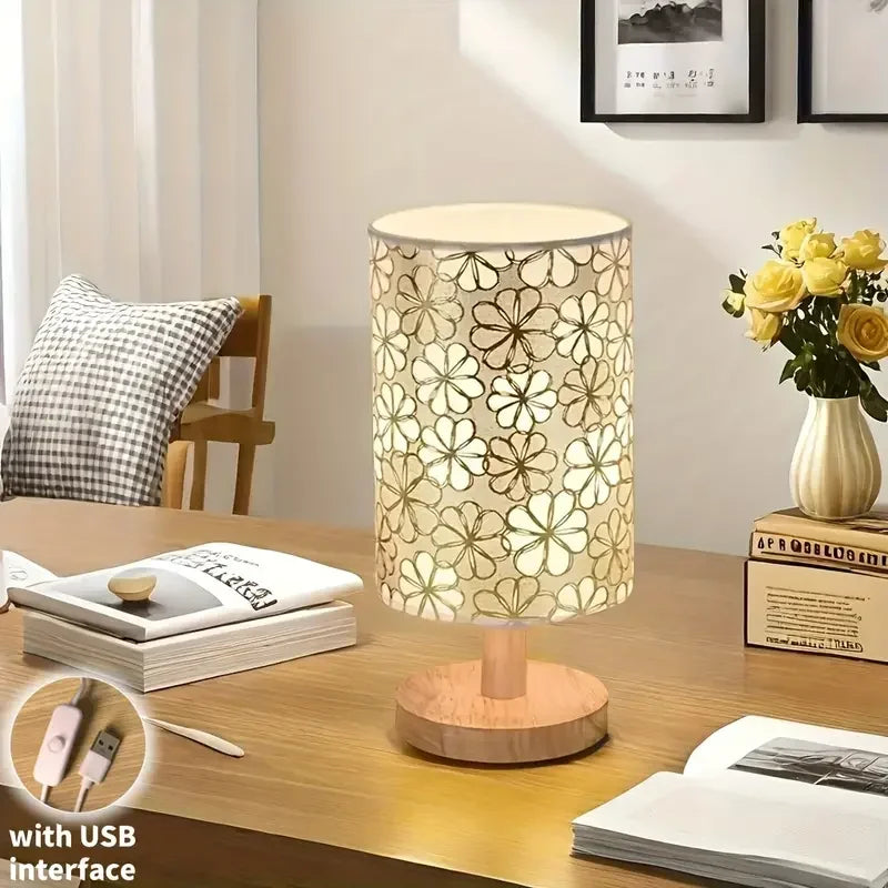 Luminária de Mesa Fleurie Base de Madeira Abajur Floral Aquavera