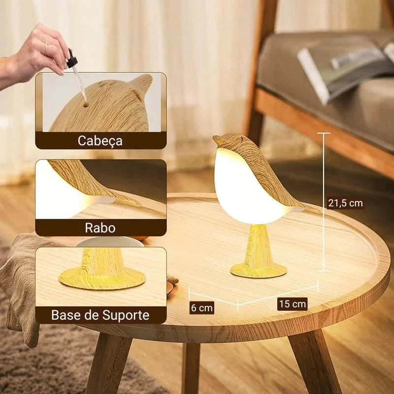 Luminária Led de Madeira Pássaro com Toque para Quarto Aquavera