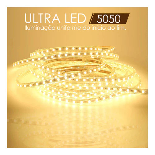 1 a 10 Metros Mangueira Fita de Led 5050 Branco Quente ou Frio 110v ou 220v + conector Fonte Rabicho