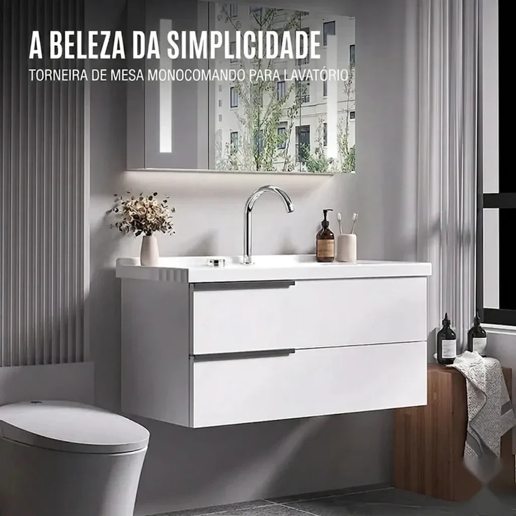Torneira Misturador Banheiro Cascata Bancada 360° Aço Inox 2 Furos Cromada Brilhante
