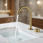 Torneira Misturador Banheiro Cascata Bancada 360° Aço Inox 2 Furos Dourado Escovado