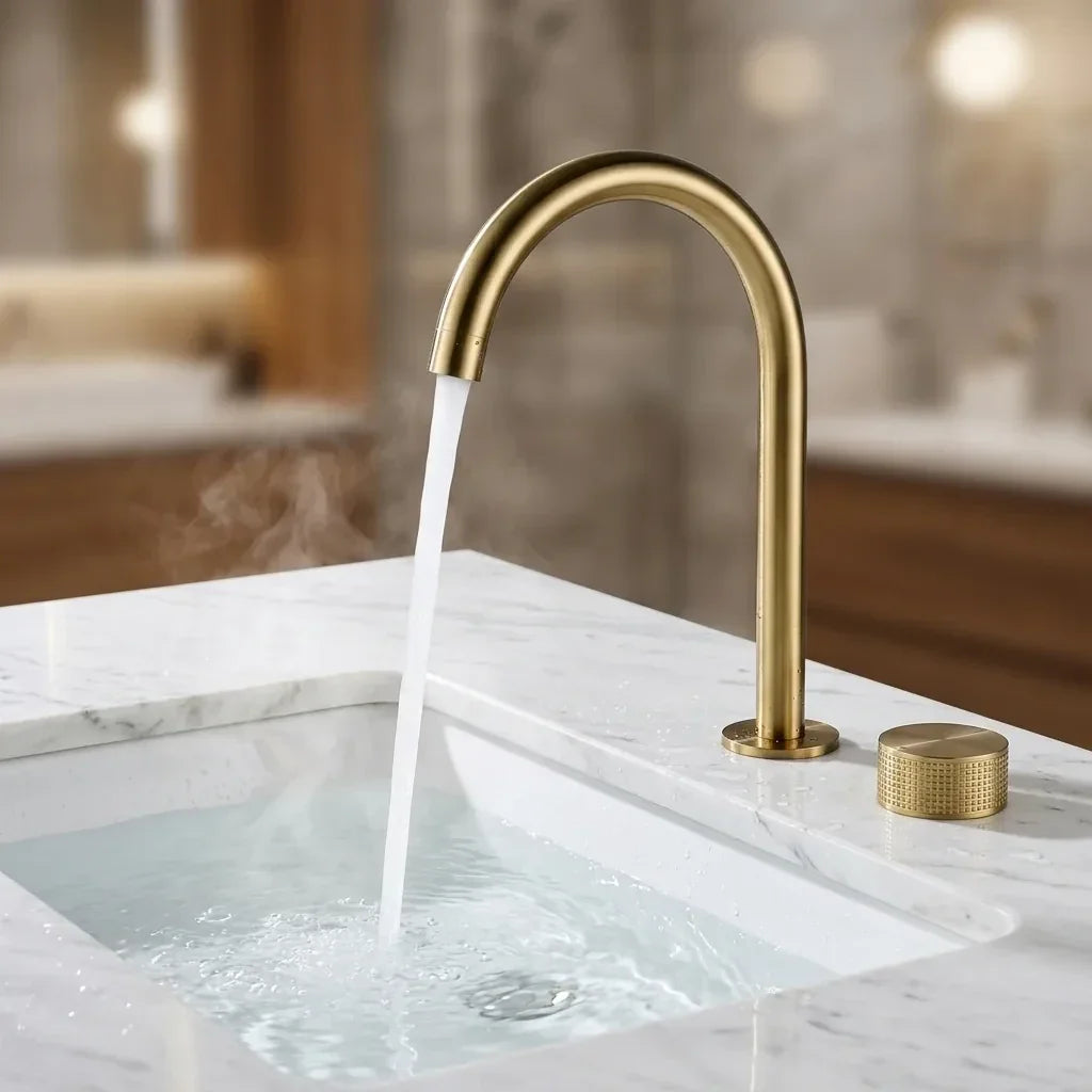 Torneira Misturador Banheiro Cascata Bancada 360° Aço Inox 2 Furos Dourado Escovado