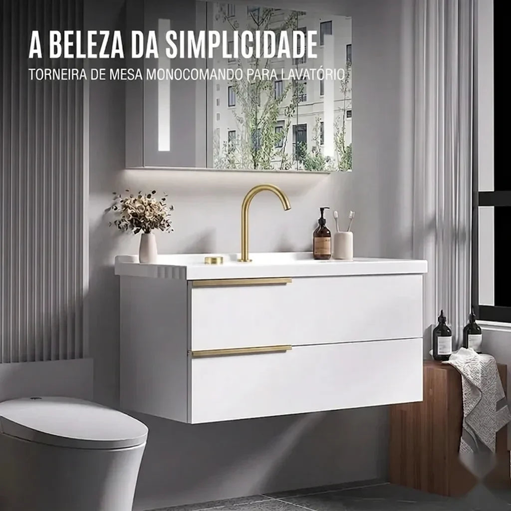 Torneira Misturador Banheiro Cascata Bancada 360° Aço Inox 2 Furos Dourado Escovado