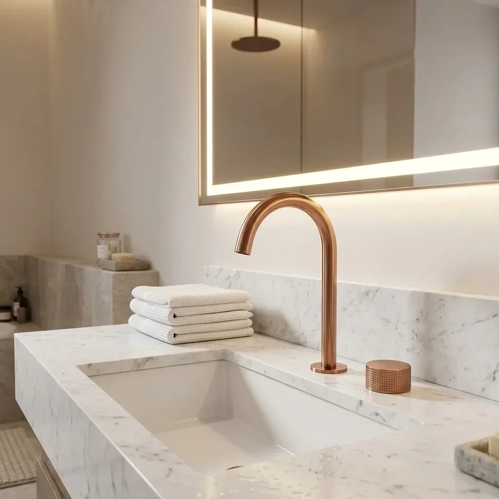 Torneira Misturador Banheiro Cascata Bancada 360° Aço Inox 2 Furos Ouro Rosé Escovado