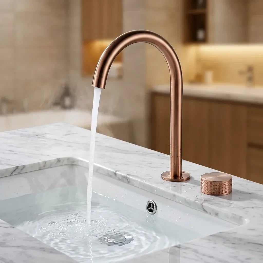 Torneira Misturador Banheiro Cascata Bancada 360° Aço Inox 2 Furos Ouro Rosé Escovado
