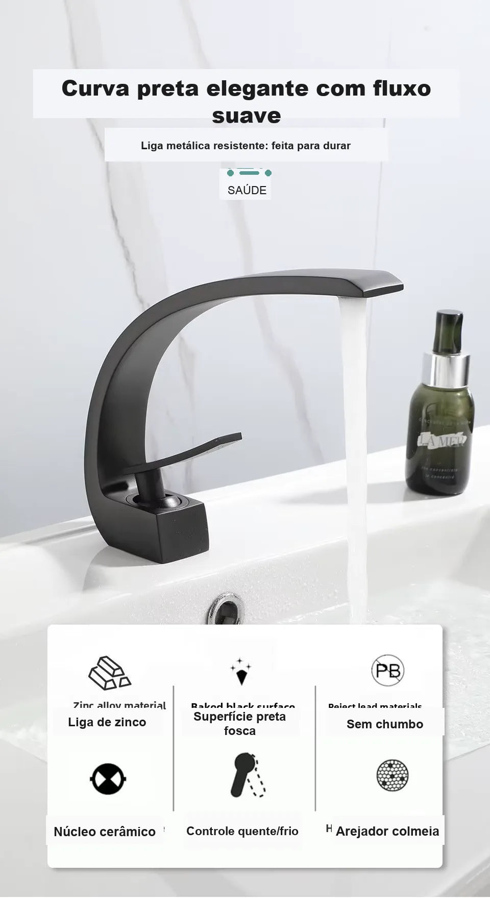Torneira para Banheiro Monocomando Luxury Preto Fosco Quente e Fria