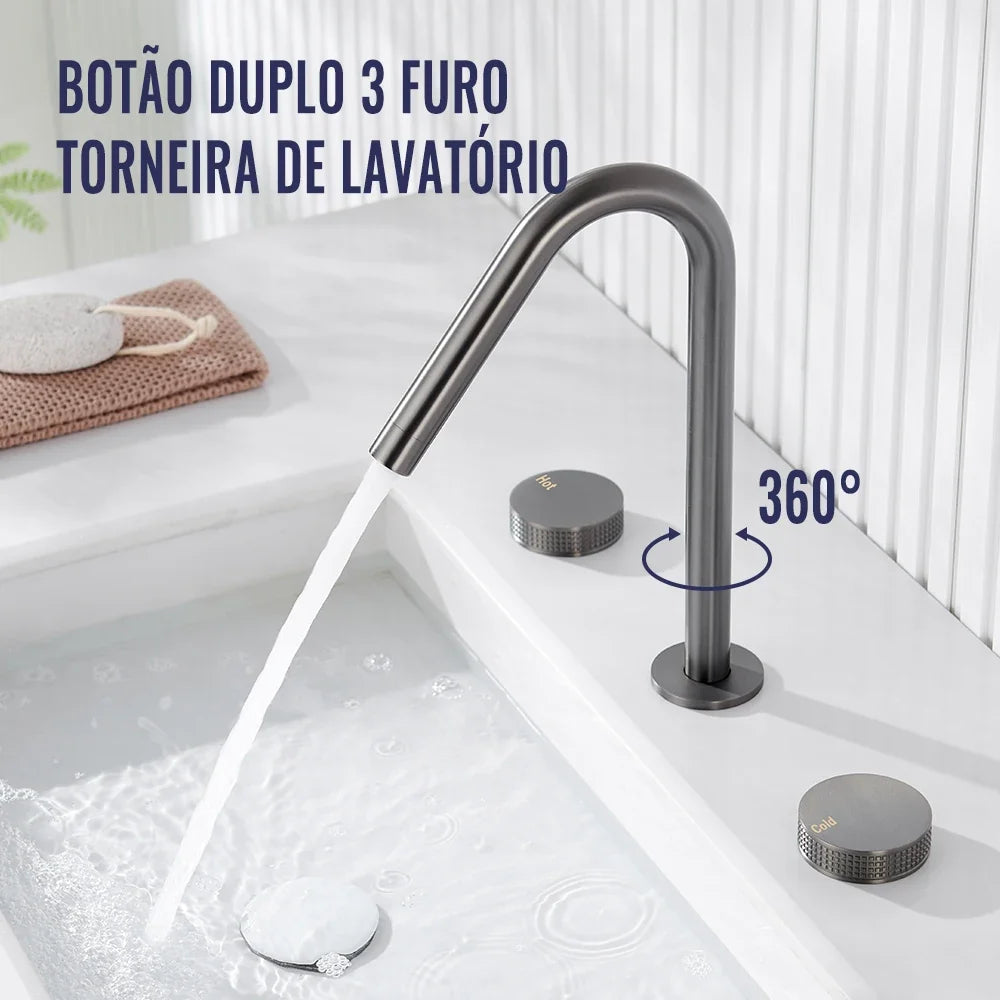 Torneira Misturador Banheiro 3 Furos Níquel Escovado com Bica 360°