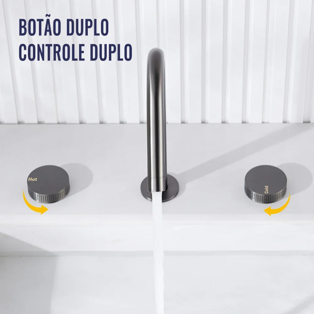 Torneira Misturador Banheiro 3 Furos Níquel Escovado com Bica 360°
