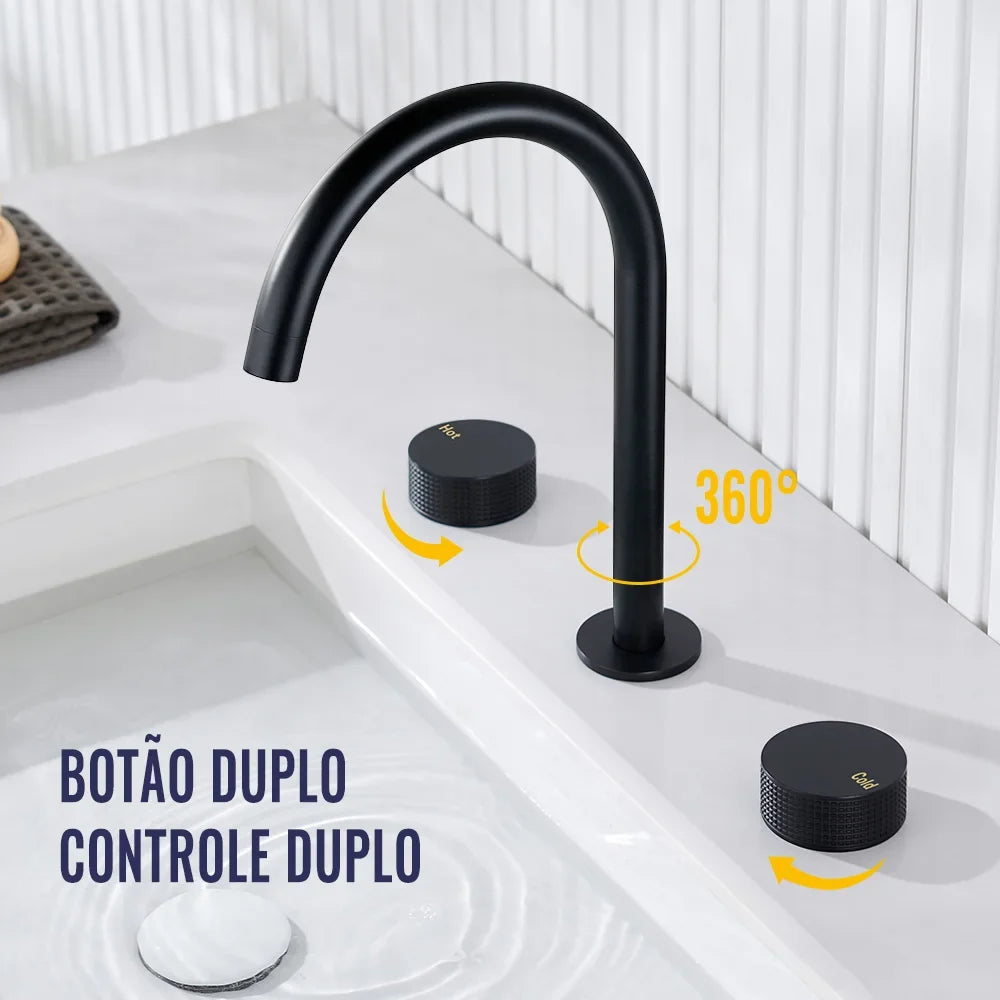 Torneira Misturador Banheiro 3 Furos Preto Fosco com Bica 360°